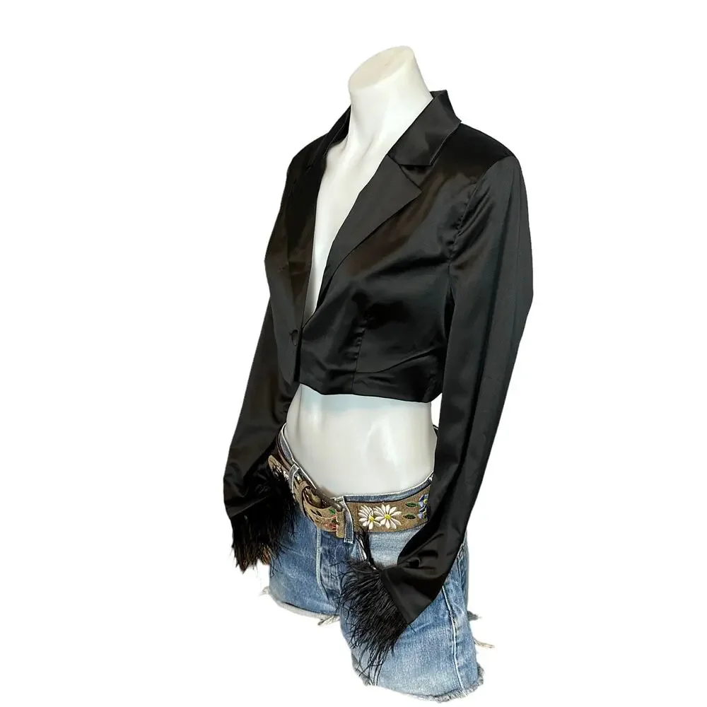 Revolve Black Crop Top MEDIUM Bolero Cocktail Satin Feathers More to Come NEW - Picture 6 of 8